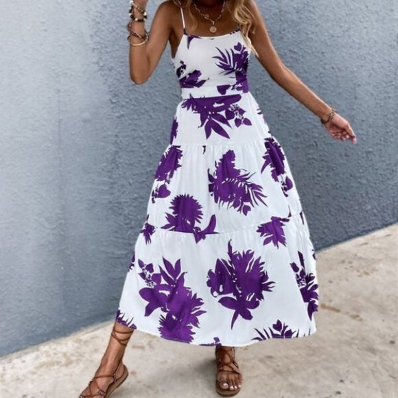 Boho purple white floral tropical print tie back maxi dress - Picture 4 of 7